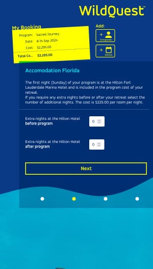 Screenshot of WildQuest booking system showing Step 2 choosing the number of nights accommodation in Florida.