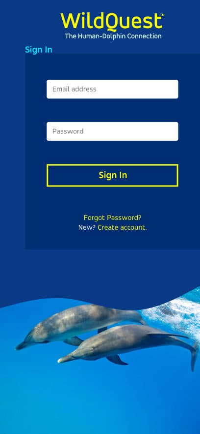 A sign in page of an app all in blue with a wave and a two dolphins diving in the background.