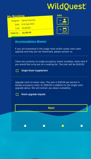Screenshot of WildQuest booking system showing Step 3 requesting extras of accommodation in Bimini.
