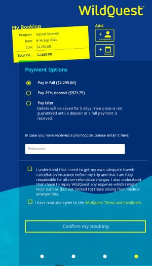Screenshot of WildQuest booking system showing Step 4 making a payment with promo code entry and Terms and Conditions.